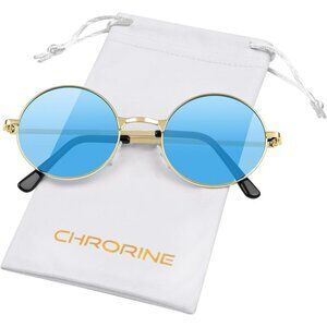 Chrorine Women's Gold Frame Blue Lens Hippie Round 70s Retro Sun Glasses